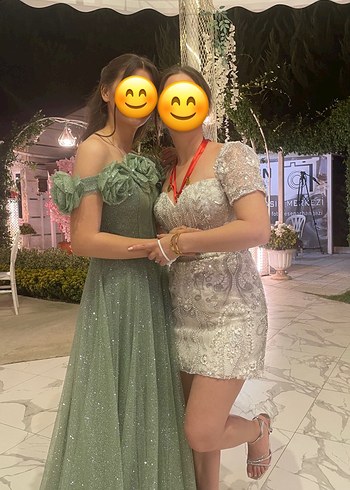 Abiye Yeşil Parlak Straplez Çiçekli Uzun Abiye