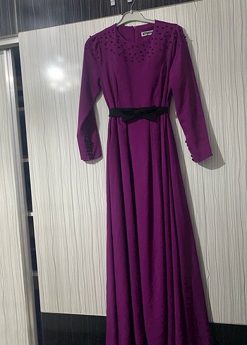Mor Uzun Kollu Düğmeli Uzun Elbise - Görsel 2