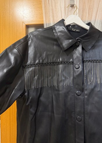 Düğmeli Siyah Deri Uzun Kadın Ceket - Görsel 2