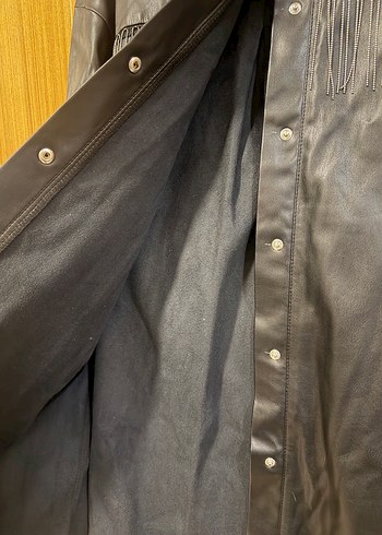 Düğmeli Siyah Deri Uzun Kadın Ceket - Görsel 6