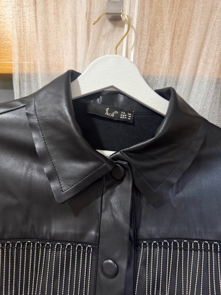 Düğmeli Siyah Deri Uzun Kadın Ceket - Görsel 3