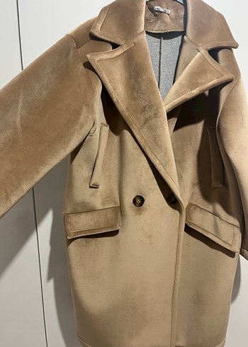 Kürklü Bej Süet Kadın Midi Kaban - Görsel 4