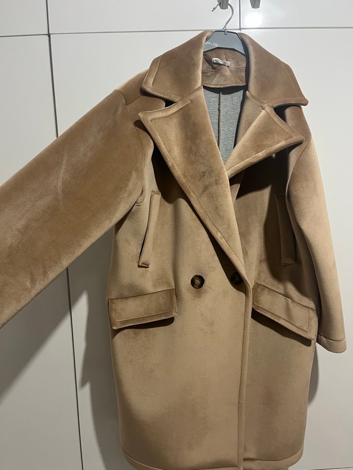 Kürklü Bej Süet Kadın Midi Kaban - Görsel 3