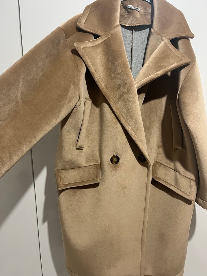 Kürklü Bej Süet Kadın Midi Kaban - Görsel 4