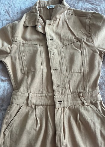 Bej Düğmeli Uzun Keten Tulum - Görsel 3