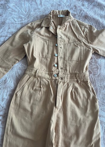 Bej Düğmeli Uzun Keten Tulum - Görsel 2