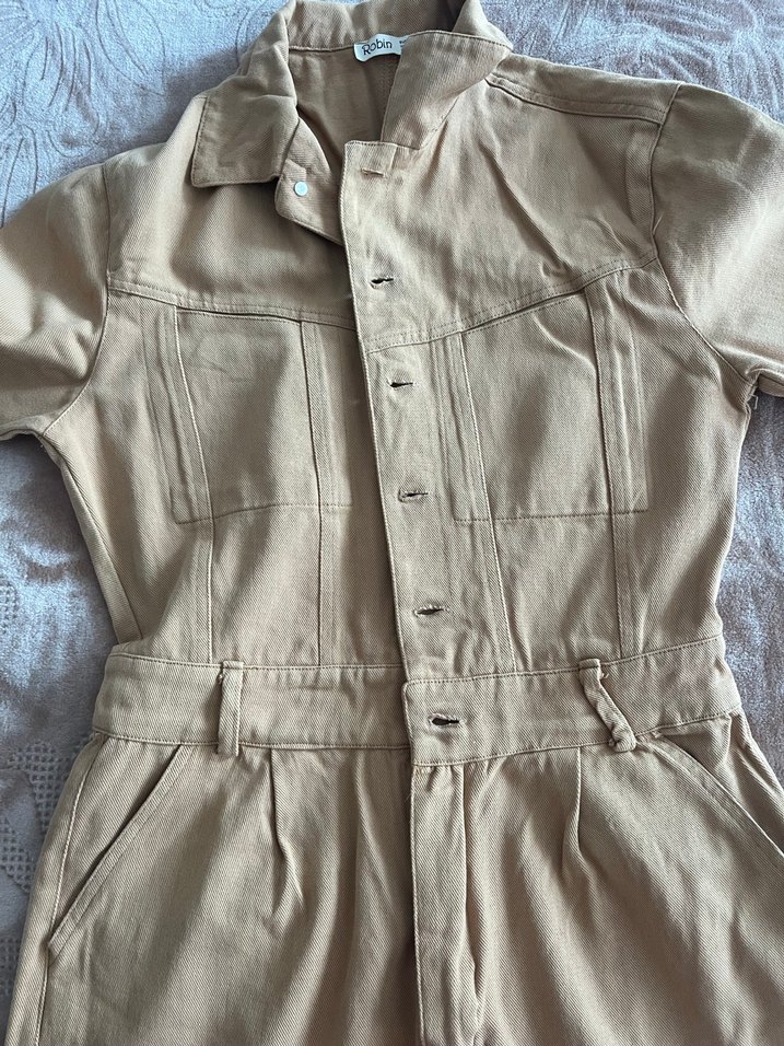 Bej Düğmeli Uzun Keten Tulum - Görsel 3