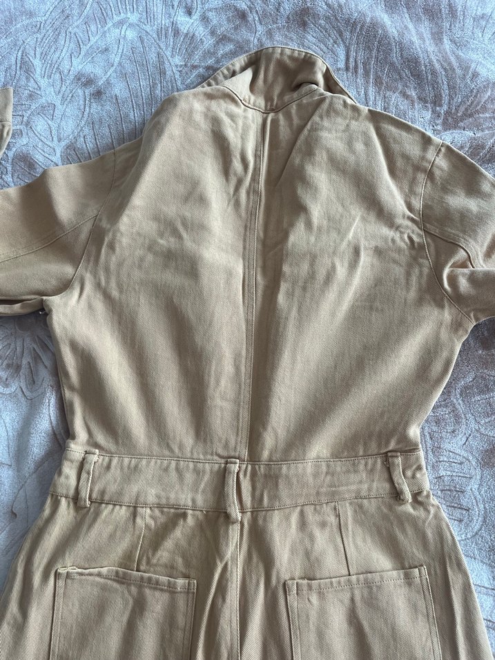 Bej Düğmeli Uzun Keten Tulum - Görsel 4