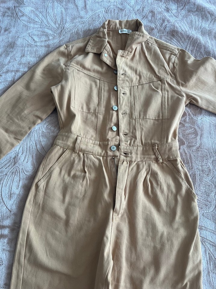 Bej Düğmeli Uzun Keten Tulum - Görsel 2