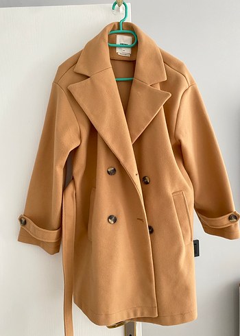Camel renk Midi koton Kadın Kaban Düğmeli - Görsel 2