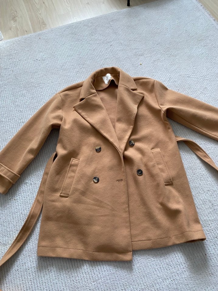 Camel renk Midi koton Kadın Kaban Düğmeli - Görsel 5