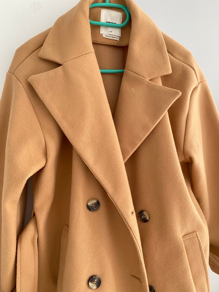 Camel renk Midi koton Kadın Kaban Düğmeli - Görsel 3