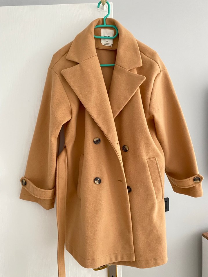 Camel renk Midi koton Kadın Kaban Düğmeli - Görsel 2