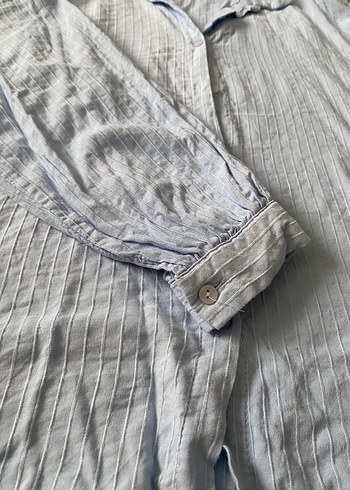 Mavi Keten Bohem Uzun Kollu Gömlek - Görsel 2