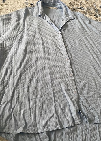 Mavi Keten Bohem Uzun Kollu Gömlek - Görsel 3