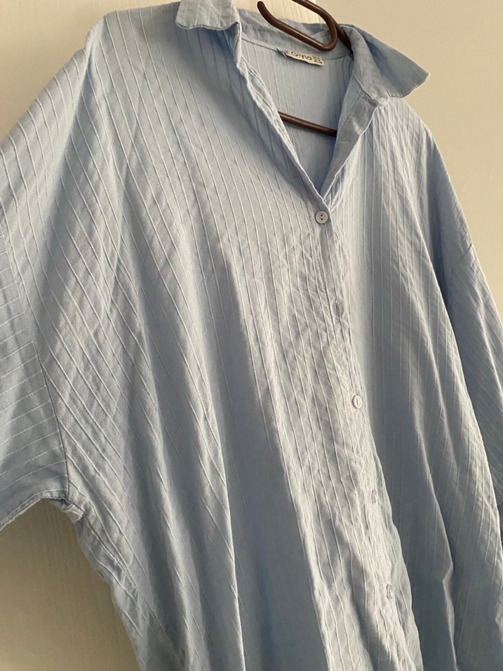 Mavi Keten Bohem Uzun Kollu Gömlek - Görsel 4