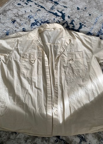 Beyaz Keten Düğmeli Salaş Kadın Gömlek - Görsel 5