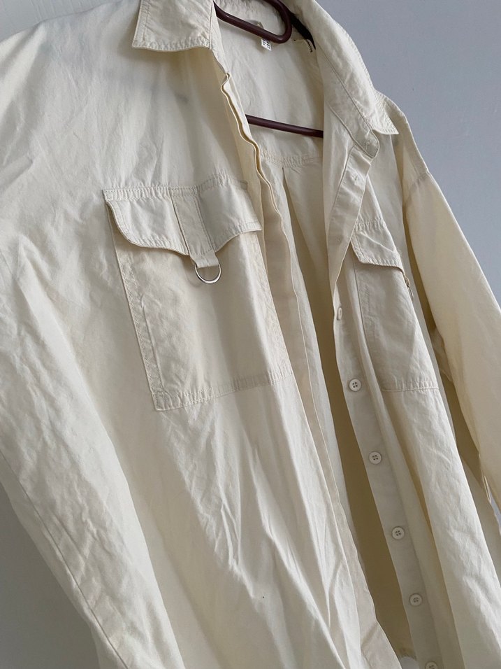 Beyaz Keten Düğmeli Salaş Kadın Gömlek - Görsel 3