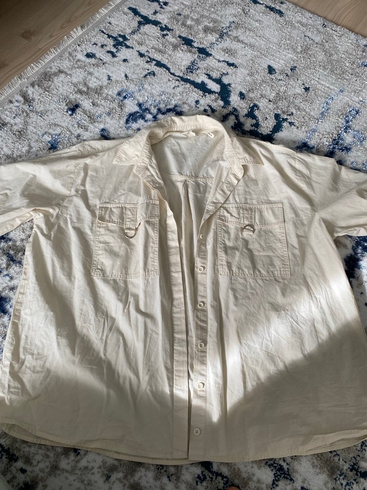 Beyaz Keten Düğmeli Salaş Kadın Gömlek - Görsel 4