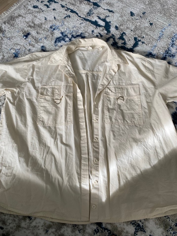 Beyaz Keten Düğmeli Salaş Kadın Gömlek - Görsel 5