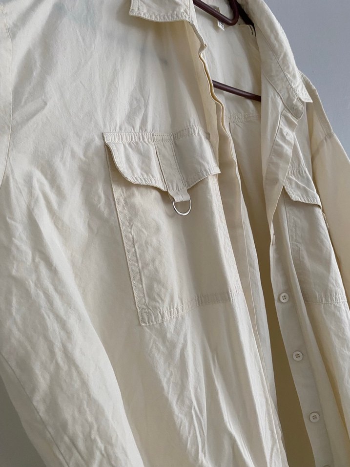 Beyaz Keten Düğmeli Salaş Kadın Gömlek - Görsel 2