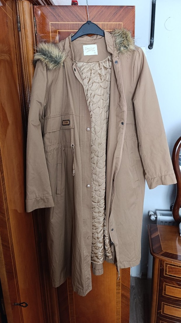 Bej Uzun Düğmeli Kadın Ceket Mont Kaban - Görsel 2