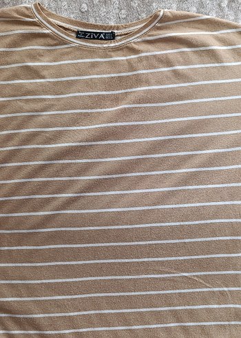 Açık Kahve Rengi Çizgili Uzun Kollu Kadın Tişört - Görsel 3