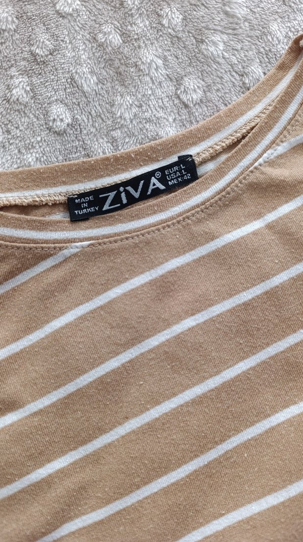 Açık Kahve Rengi Çizgili Uzun Kollu Kadın Tişört - Görsel 5