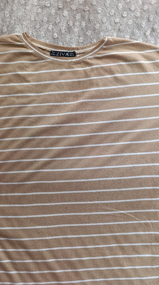 Açık Kahve Rengi Çizgili Uzun Kollu Kadın Tişört - Görsel 3