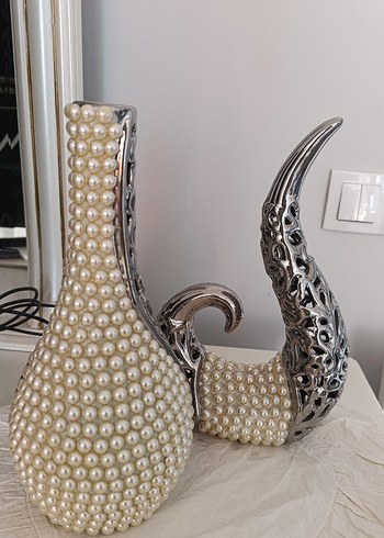 İnci Detaylı Gri-Krem Vazo ve Aksesuar - Görsel 2