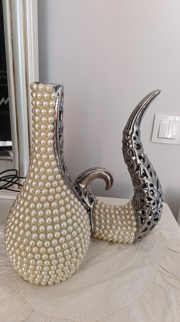 İnci Detaylı Gri-Krem Vazo ve Aksesuar - Görsel 2