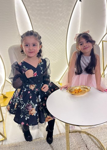 Kız Çocuk Siyah Çiçekli Uzun Kollu Bohem Elbise