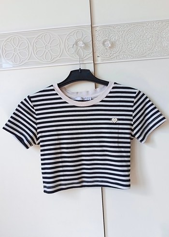 Düğmeli Çizgili Kadın Crop Top tişört