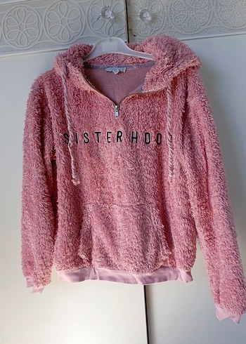 Pembe Peluş Kapüşonlu Kadın Sweatshirt
