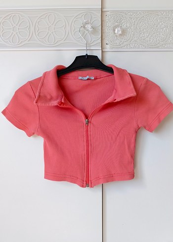 fermuarlı polo yaka fittili crop tişört
