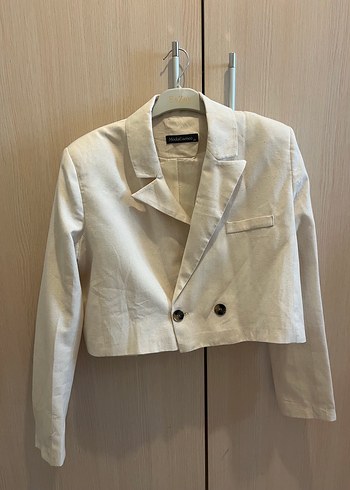 Bej Keten Mini Kadın Blazer Ceket