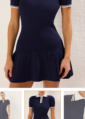 Kadın Lacivert V Yaka Kısa Kollu Triko Elbise - Görsel 2