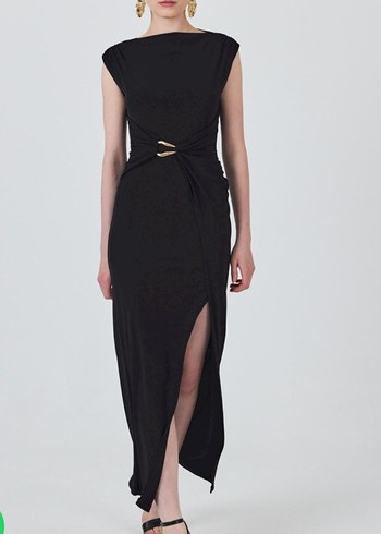 Siyah Drapeli Uzun kayık Yaka Elbise - Görsel 2