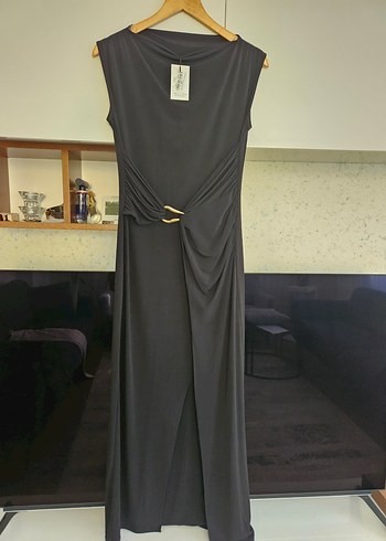 Siyah Drapeli Uzun kayık Yaka Elbise - Görsel 4