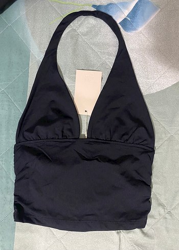 Siyah Drapeli Halter V Yaka Poliamid Kadın Crop Top zara - Görsel 3