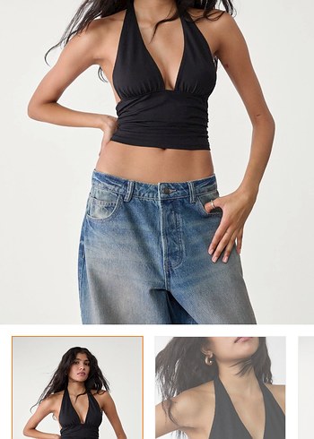 Siyah Drapeli Halter V Yaka Poliamid Kadın Crop Top zara - Görsel 2