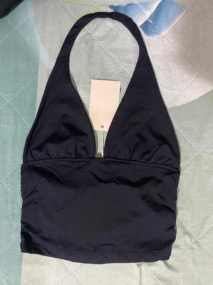 Siyah Drapeli Halter V Yaka Poliamid Kadın Crop Top zara - Görsel 3