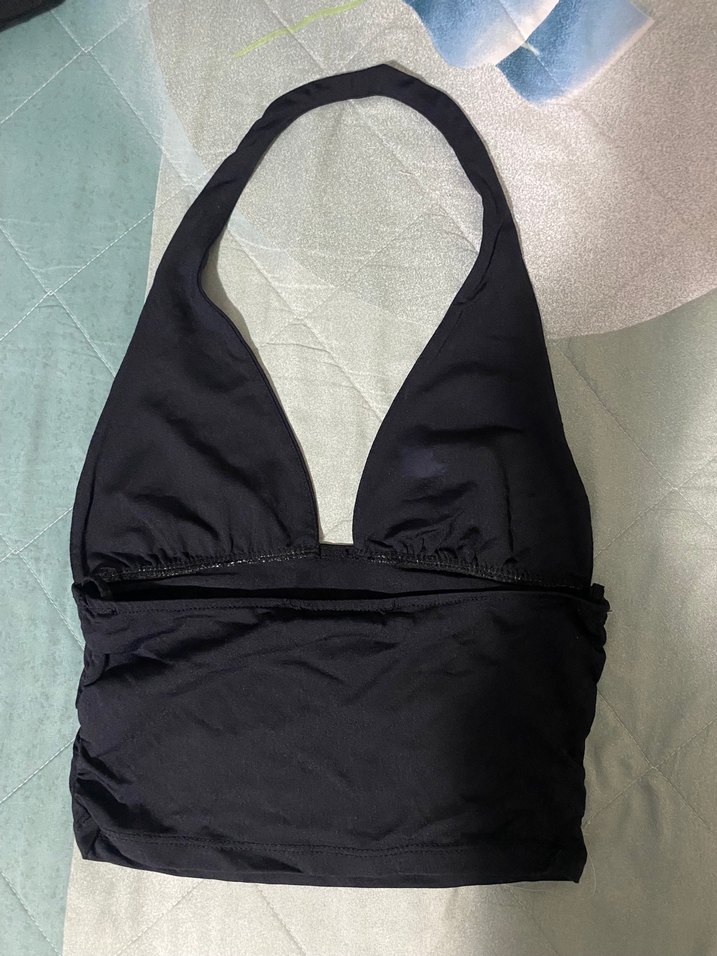 Siyah Drapeli Halter V Yaka Poliamid Kadın Crop Top zara - Görsel 4