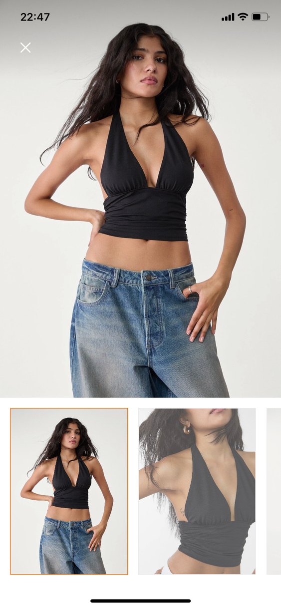 Siyah Drapeli Halter V Yaka Poliamid Kadın Crop Top zara - Görsel 2