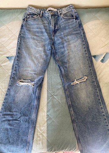 BERSHKA Düğmeli Mavi Denim Rahat Kesim Kadın Jean zara - Görsel 3