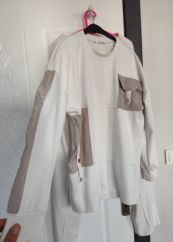Diğer Düğmeli Uzun Gri Beyaz Kadın Sweatshirt