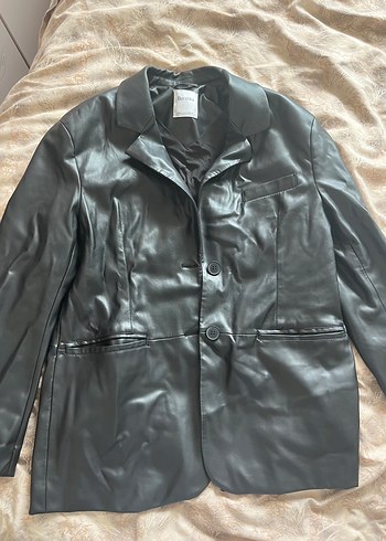 38 Beden Kadın Bej Deri Düğmeli Blazer Ceket