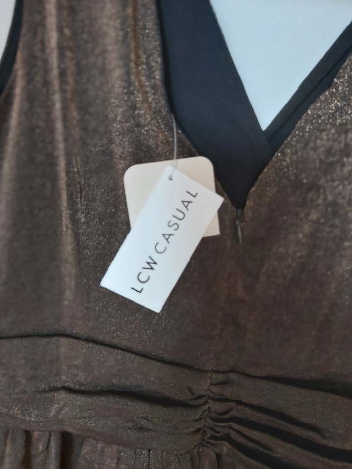 Kahverengi Parlak Midi Drapeli Kadın Elbise - Görsel 2