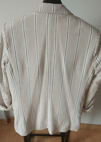 Bej Çizgili Regular Fit Keten Kadın Blazer - Görsel 3