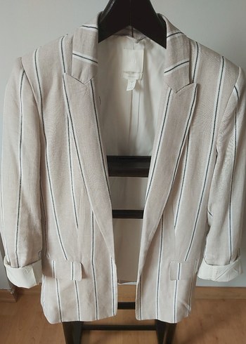 Bej Çizgili Regular Fit Keten Kadın Blazer - Görsel 2